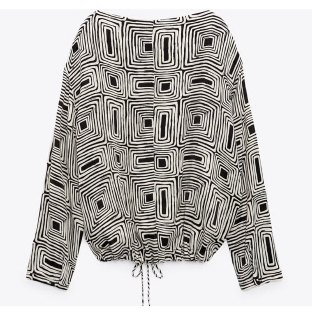 NWT ZARA M Blouse‎ Womens Black/Beige Geometric Print Drawstring Casual Office - Picture 3 of 10